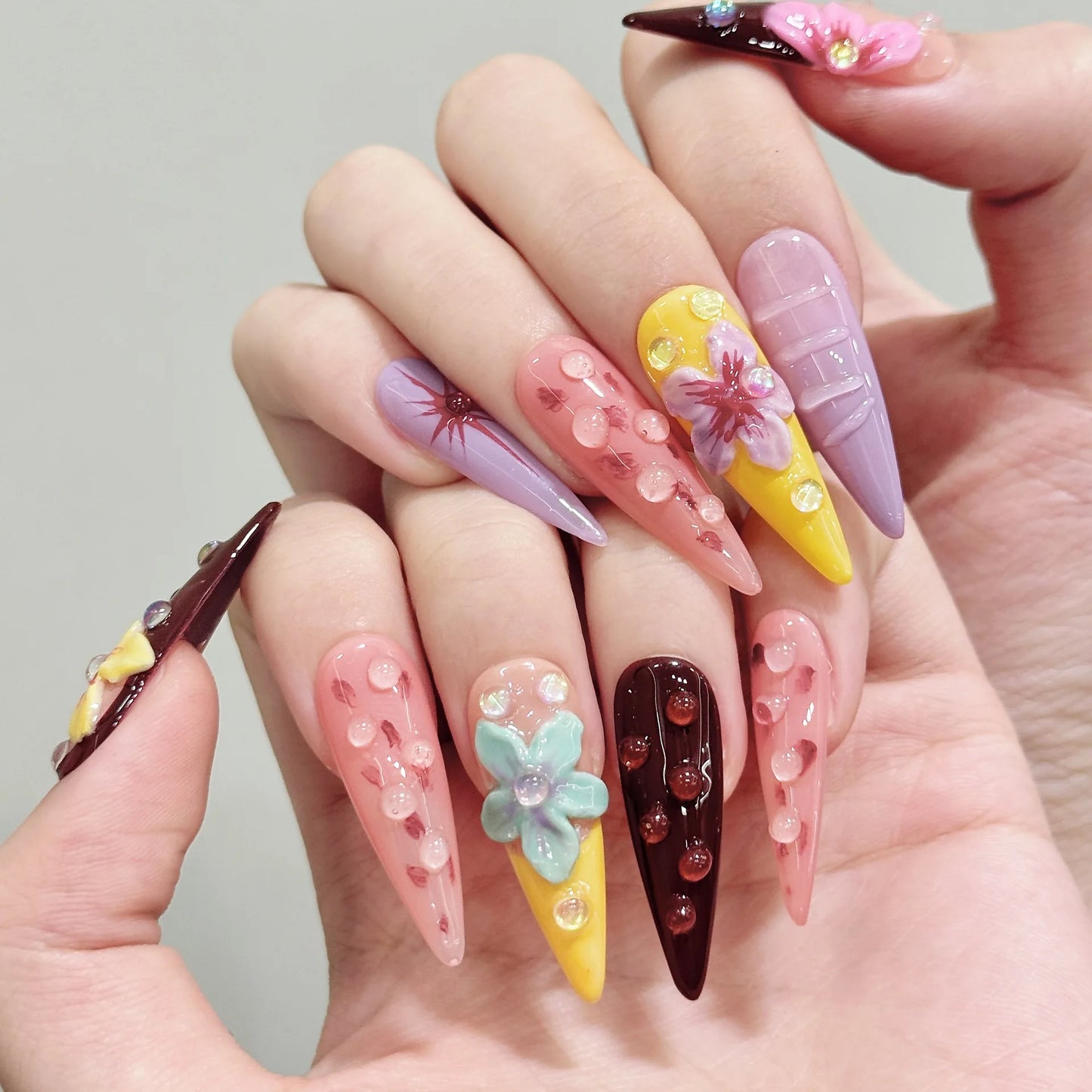 10pcs Handmade Summer Press on Nails Sweet 3d Carved Flower False Nails Wearable Full Cover Ins Long Almond False Nail Tips Peaceful Pleasures Health and Wellness