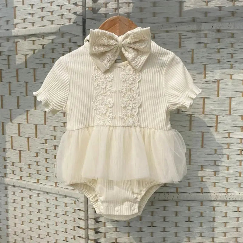 Newborn Baby Lace Romper & Bowknot Headband Photo Outfit Set