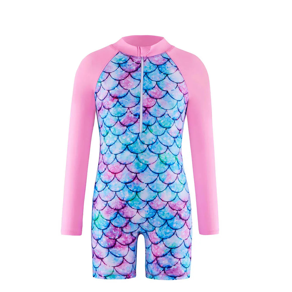 Swimsuit Children's summer mermaid girls one-piece Long Sleeve Swimming Beach Wear Kids Children Sports quick drying swimsuit Peaceful Pleasures Health and Wellness Pin Cyan 140(7-8Y)