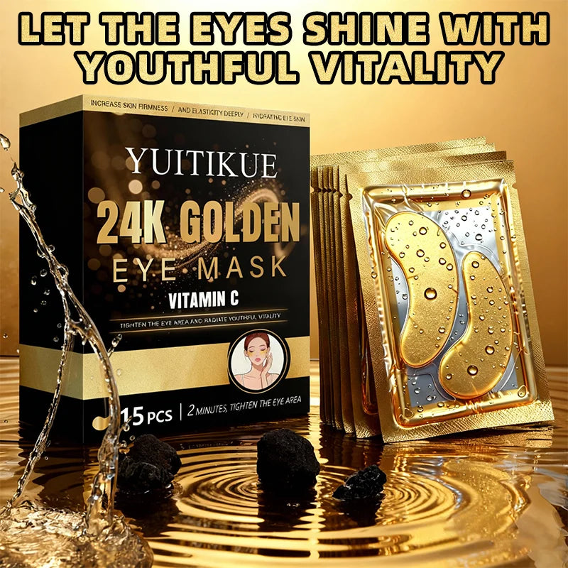 YUITIKUE 24K Golden Eye Mask | Vitamin C Infused | 2-Minute Eye Area Tightening & Hydrating Treatment | 15 Pcs Peaceful Pleasures Health and Wellness