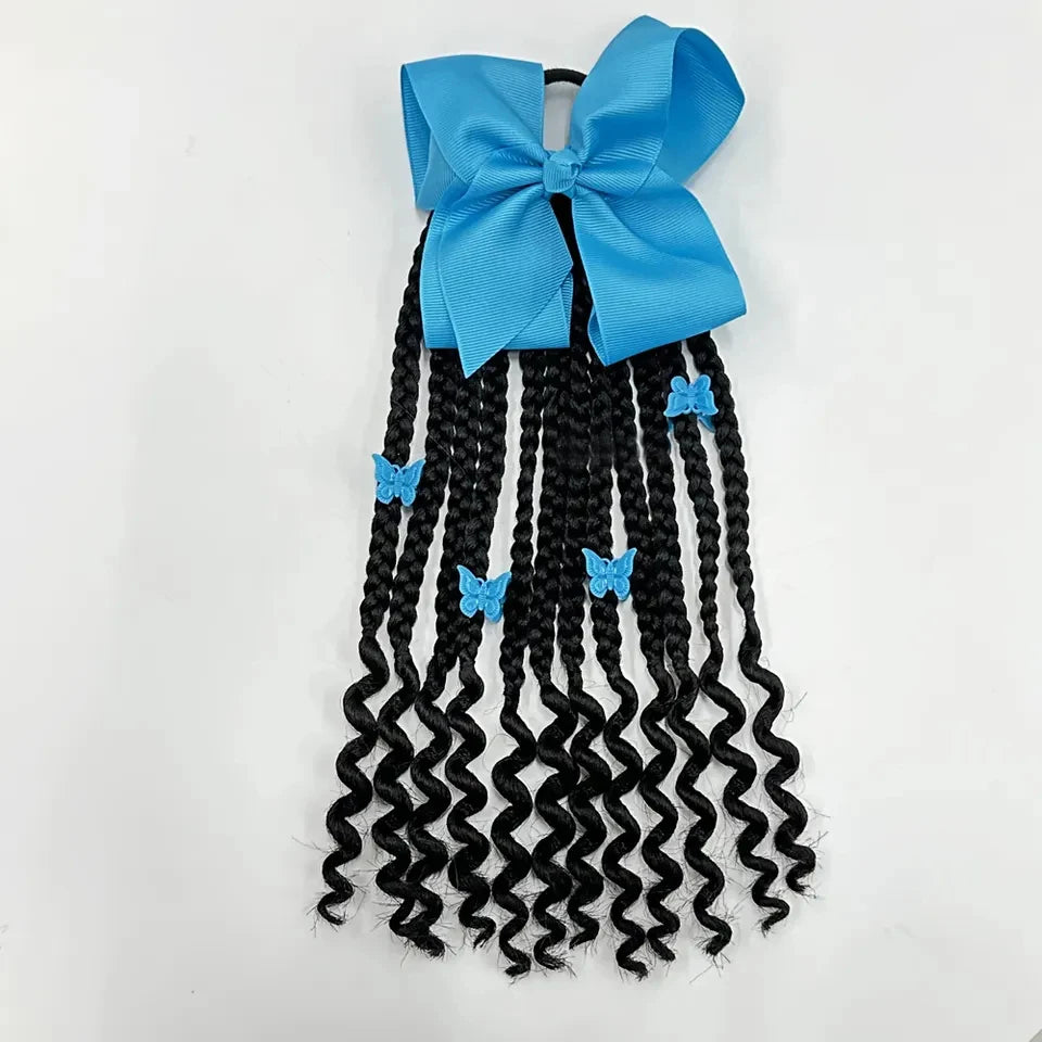 Kids Braided Ponytail with Beads and Bow Kids Hair Extension Ponytail with Curly End for Girls Black Girl Hair Accessories Peaceful Pleasures Health and Wellness Blue
