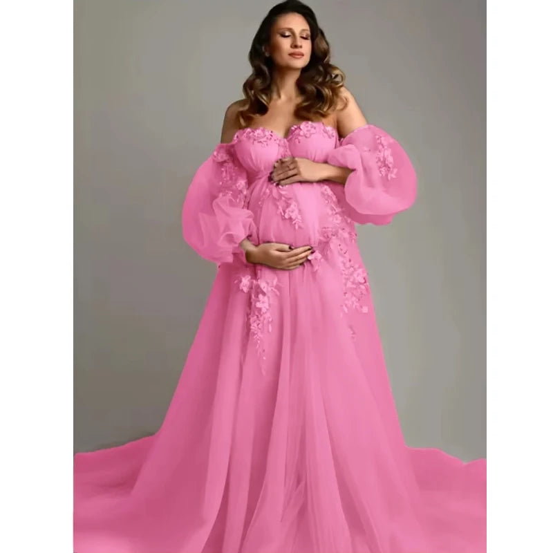 Hand-Finished Pink Maternity Photo Gown - Off-Shoulder Sheer Tulle Dress Embroidery Appliques - Baby Shower Pregnancy Shoot Robe Peaceful Pleasures Health and Wellness HOT PINK US 8