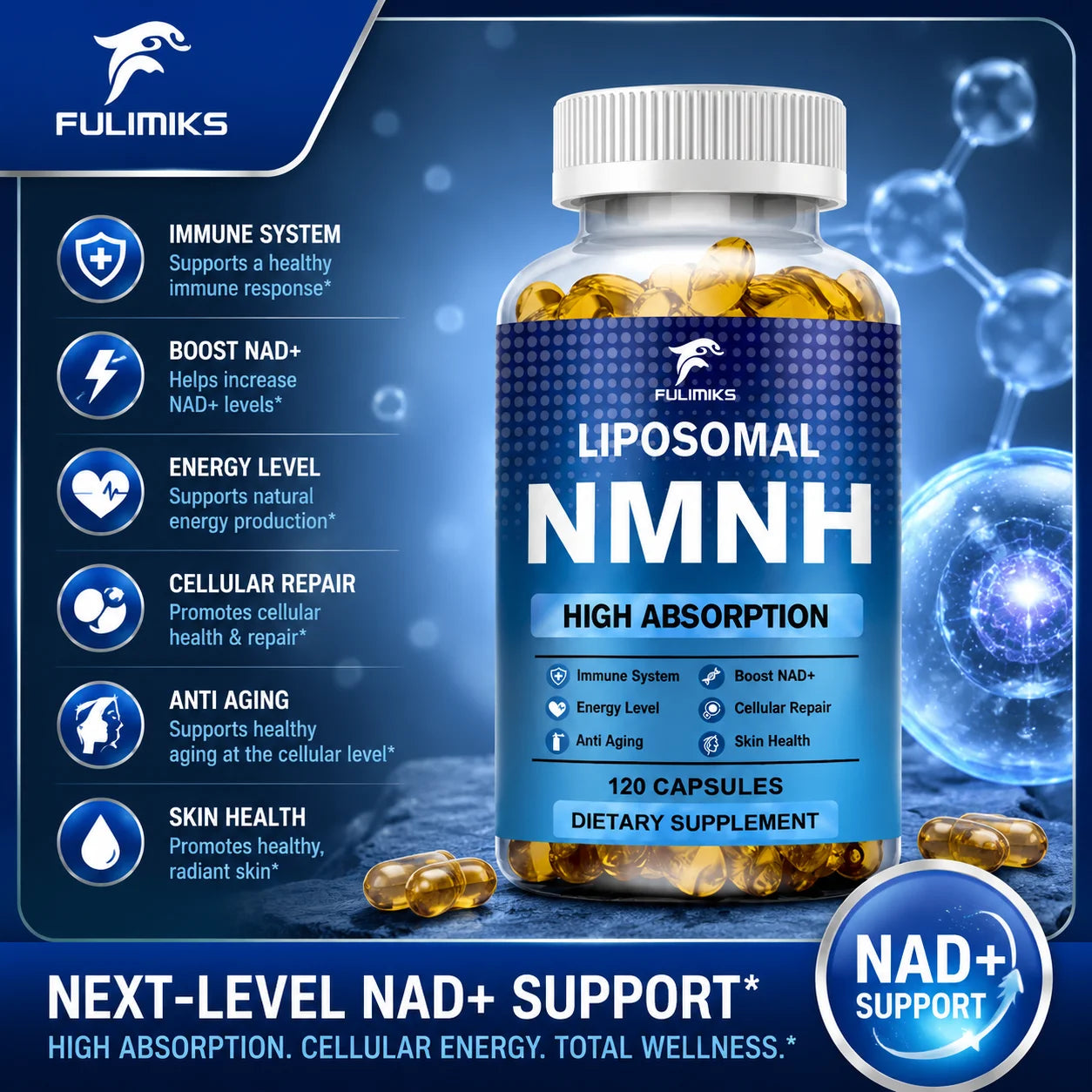 Fulimiks NMNH Supplement Capsules, with Resveratrol, PQQ, Support Immune, Vitality, Cellular Repair Peaceful Pleasures Health and Wellness