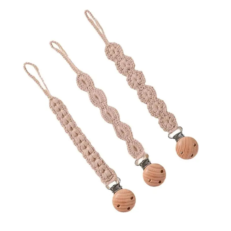 Baby Pacifier Holder Clips with Wooden Teether Beads – 3-Pack