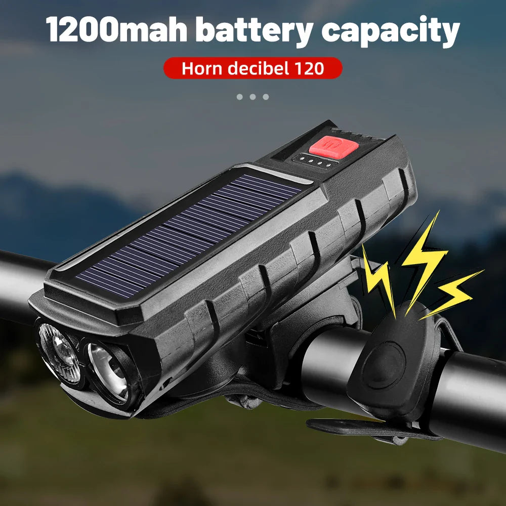 Solar USB-C Bike Front Light 300LM & 120dB Horn | MTB & Road
