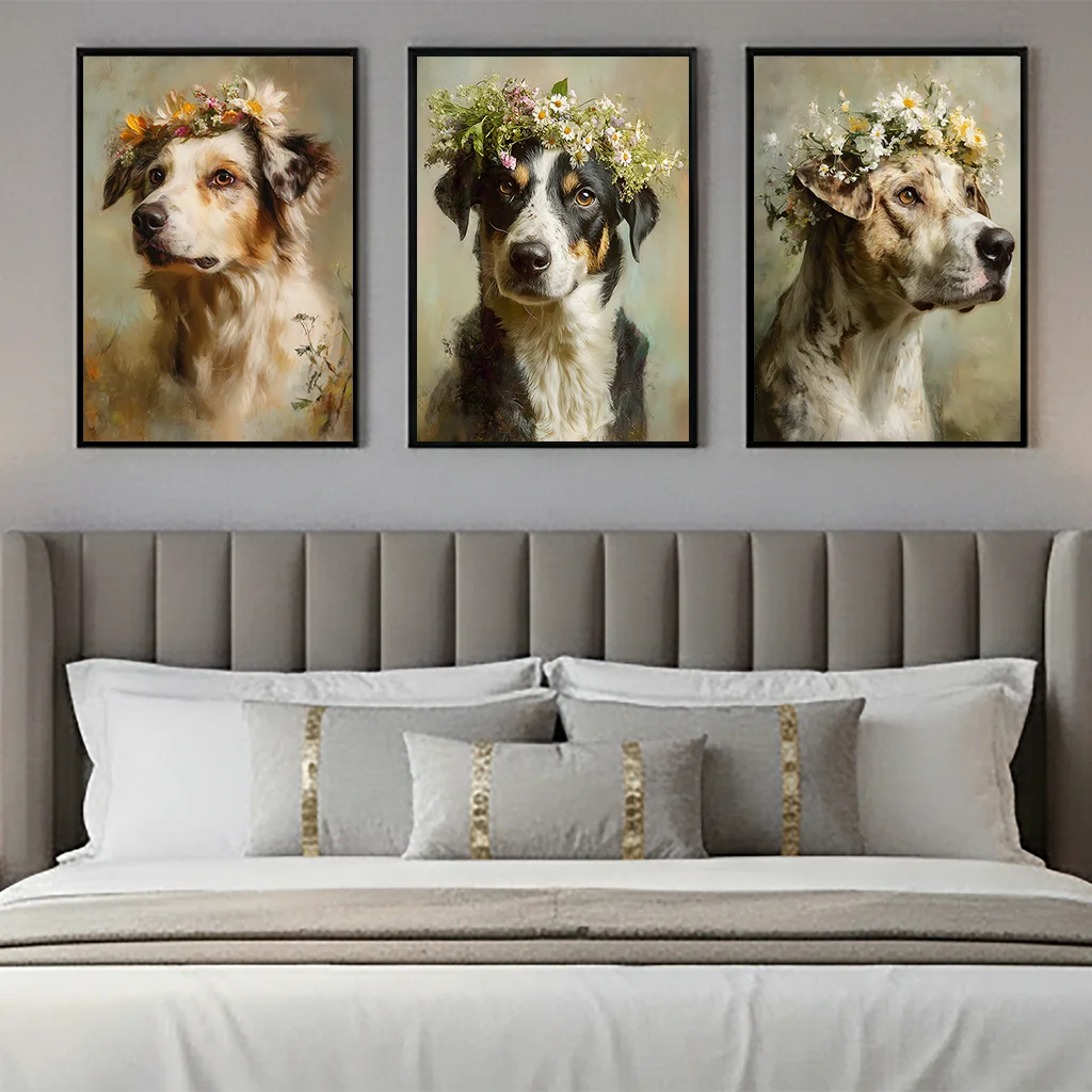 Vintage Puppy Flower Crown Canvas Wall Art | Dog Poster Print Canvas Wall Art Peaceful Pleasures Health and Wellness