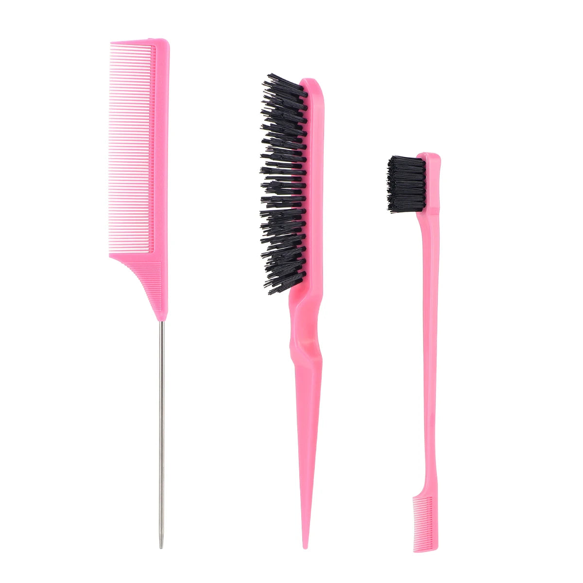 New 3pcs Hair Brush Set Sharp-tail Comb Three-row Hair Comb Steel Needle Mouse Tail Comb Toothbrush Eyebrow Brush Tool Peaceful Pleasures Health and Wellness Pink