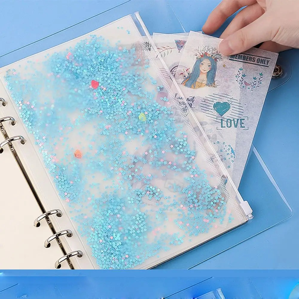 School Stationery Creativity Glitter Sequins Loose Leaf Zipper PVC Handbook A5/A6 Binder Storage Pouch Inner Pocket File Holder Peaceful Pleasures Health and Wellness