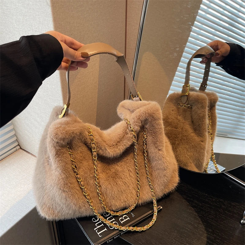 Practical Retro Plush Bag for Women Large Capacity Tote Shoulder Handbag Autumn Winter Fashionable Versatile for Daily Commuting Peaceful Pleasures Health and Wellness