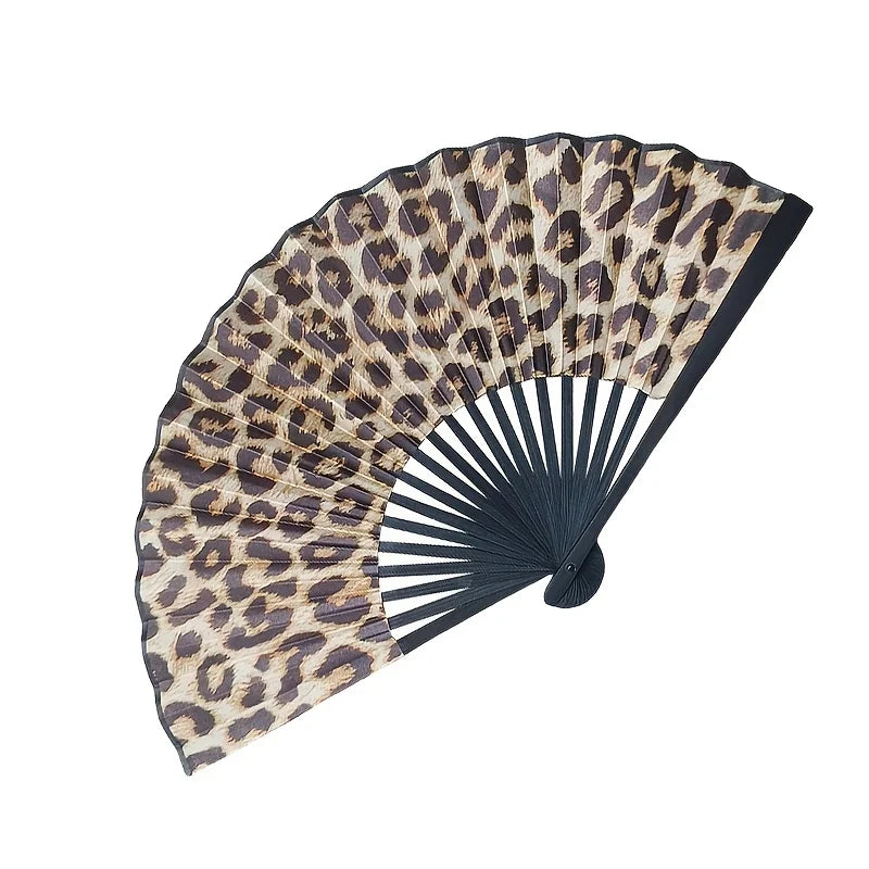 Leopard Print Folding Fan – Black Frame, Portable for Women