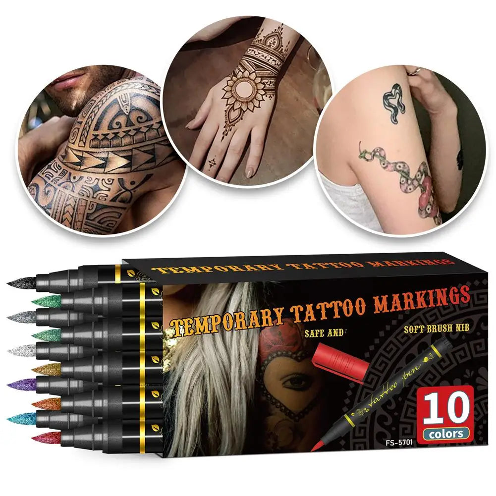Dual-End Temporary Tattoo Markers – 10 Color Body Art Pens