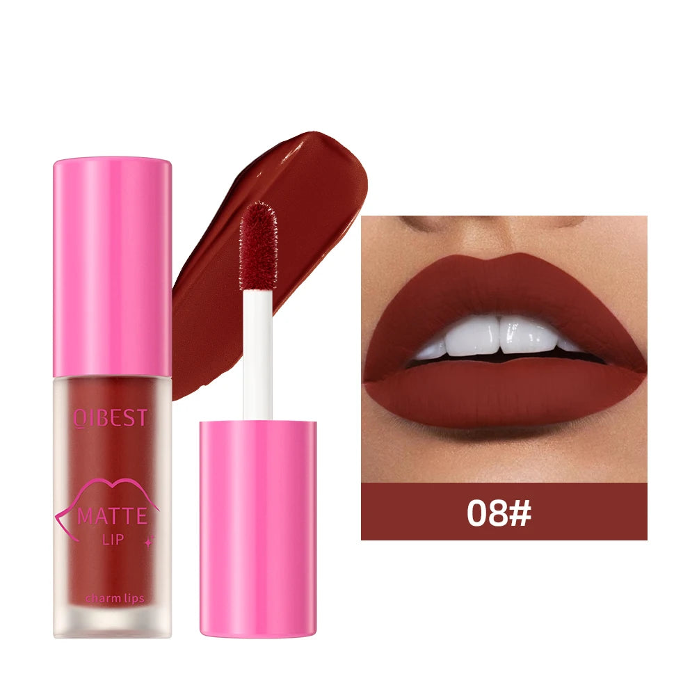 QIBEST Matte Lip Glaze Waterproof Silky Lip Gloss Non-Stick Cup Liquid Lipstick Sexy Red Liptint Durable Lip Mud Lasting Makeup Peaceful Pleasures Health and Wellness 08