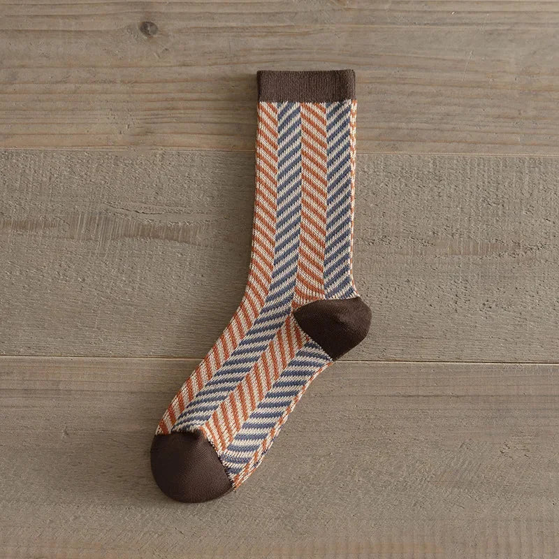 Autumn Winter Brown Mid Length Socks Fashion Grid Pattern Retro Fashion Mid Tube Sock Sweat Absorbing and Breathable Cotton Sock Peaceful Pleasures Health and Wellness 4 One Size
