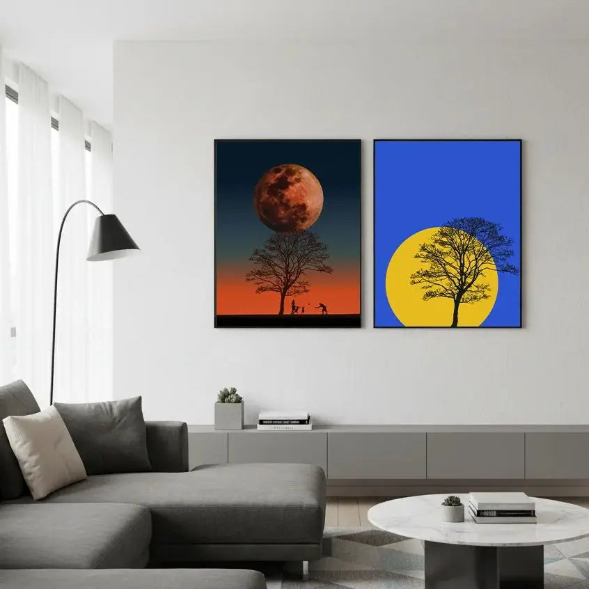Abstract Wall Art Landscape Tree Sun Moon Silhouette Canvas Painting Modern Style Poster Prints for Living Room Wall Decor Peaceful Pleasures Health and Wellness