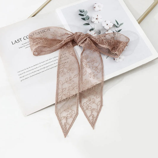 Women's Floral Embroidered Narrow Long Scarf Y2K Ribbon Headscarf Ribbon Scarf Oasis Select Khaki
