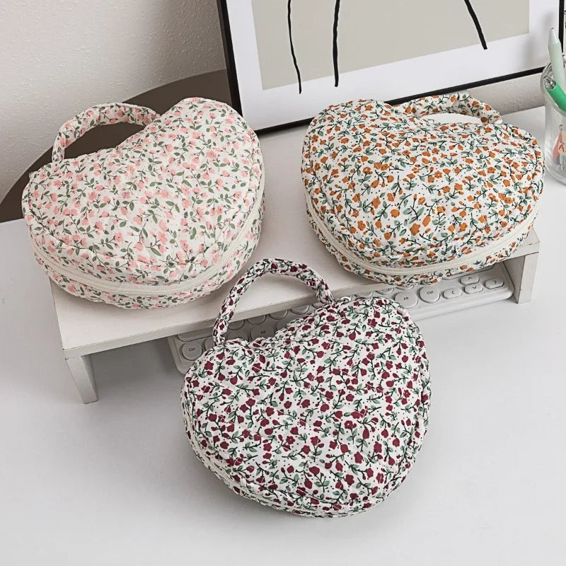 2026 New Large Capacity Floral Makeup Bag with Heart Pattern, Home Pastel Travel Cosmetic Organizer with Handles for Women Gift Peaceful Pleasures Health and Wellness