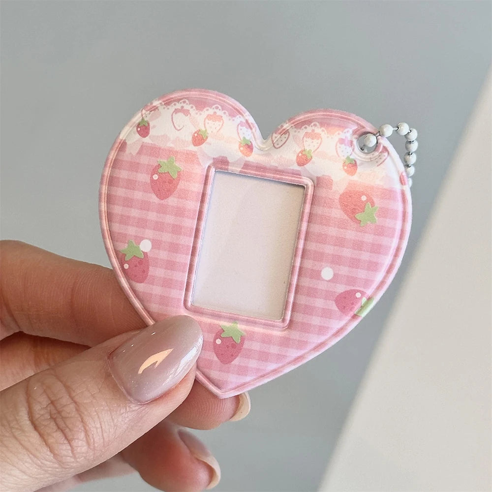 Pink Grid Strawberry Love Card Holder 1-inch ID Photo Bag Pendant