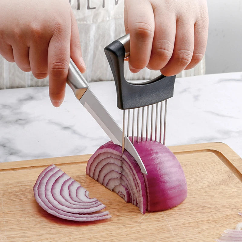 Stainless Steel Onion Cutter Holder Food Slicers Assistant Tomato Onion Slicer Holder Vegetables Cutting Fork Kitchen Gadgets Peaceful Pleasures Health and Wellness
