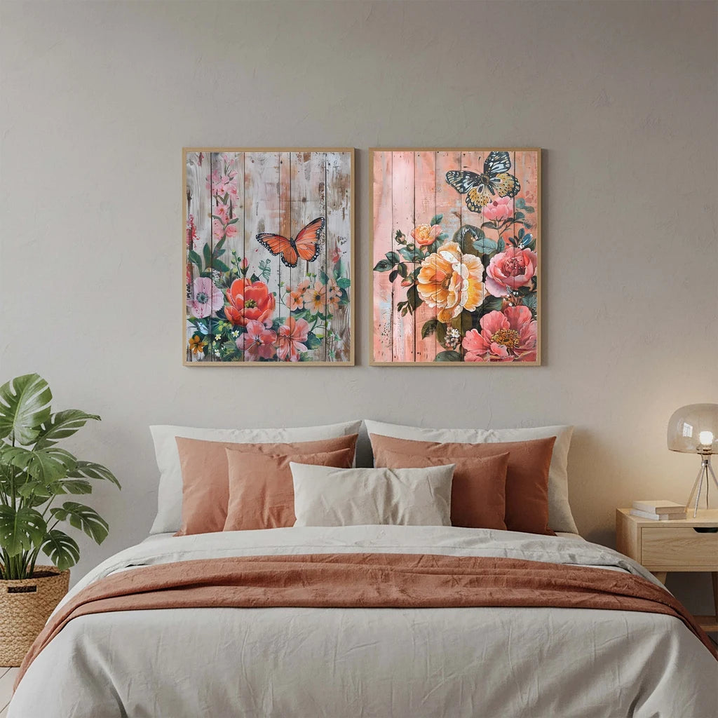 Nordic Wall Art Butterfly & Flowers on Wooden Plank Canvas Painting Nordic Style Poster Prints Bedroom Living Room Wall Decor Peaceful Pleasures Health and Wellness