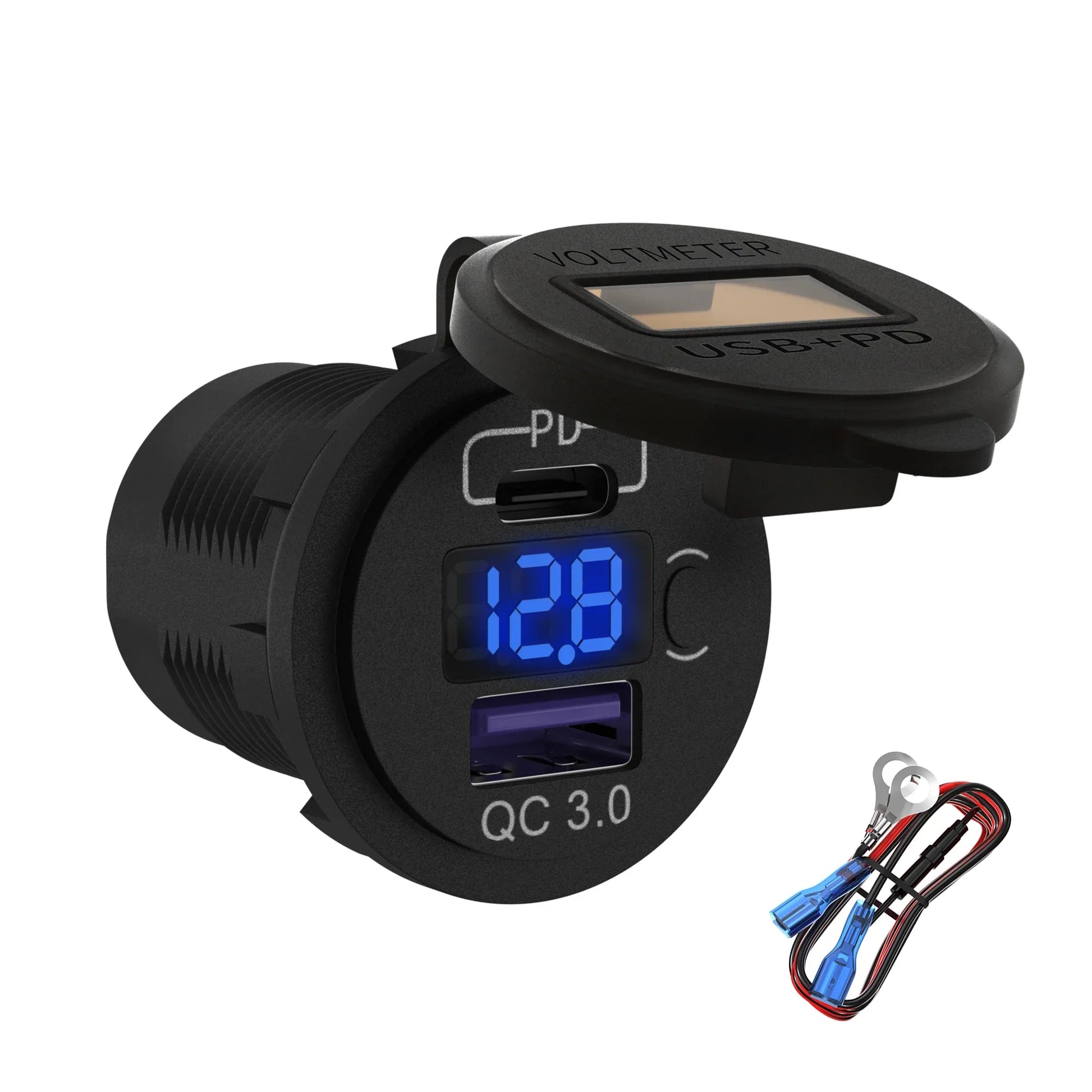 48W Dual USB Car Charger Socket with Voltmeter Peaceful Pleasures Health and Wellness Blue LED United States