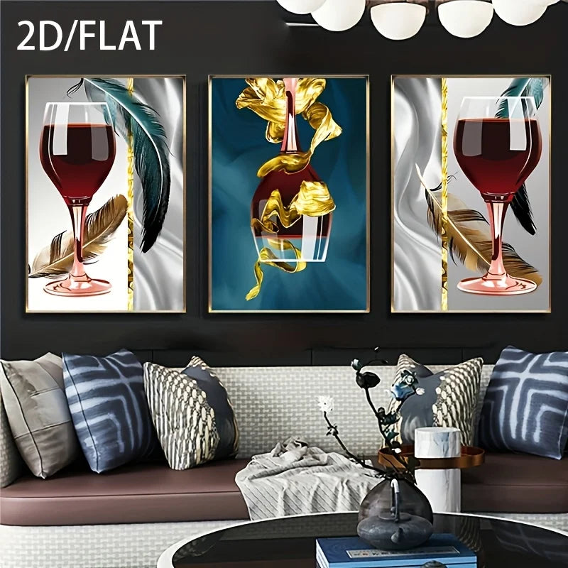 3-Piece Red Wine Glass Canvas Wall Art | Kitchen & Bar Decor Canvas Wall Art Set Peaceful Pleasures Health and Wellness 40x50cm No Frame ZLH11276-3pcs
