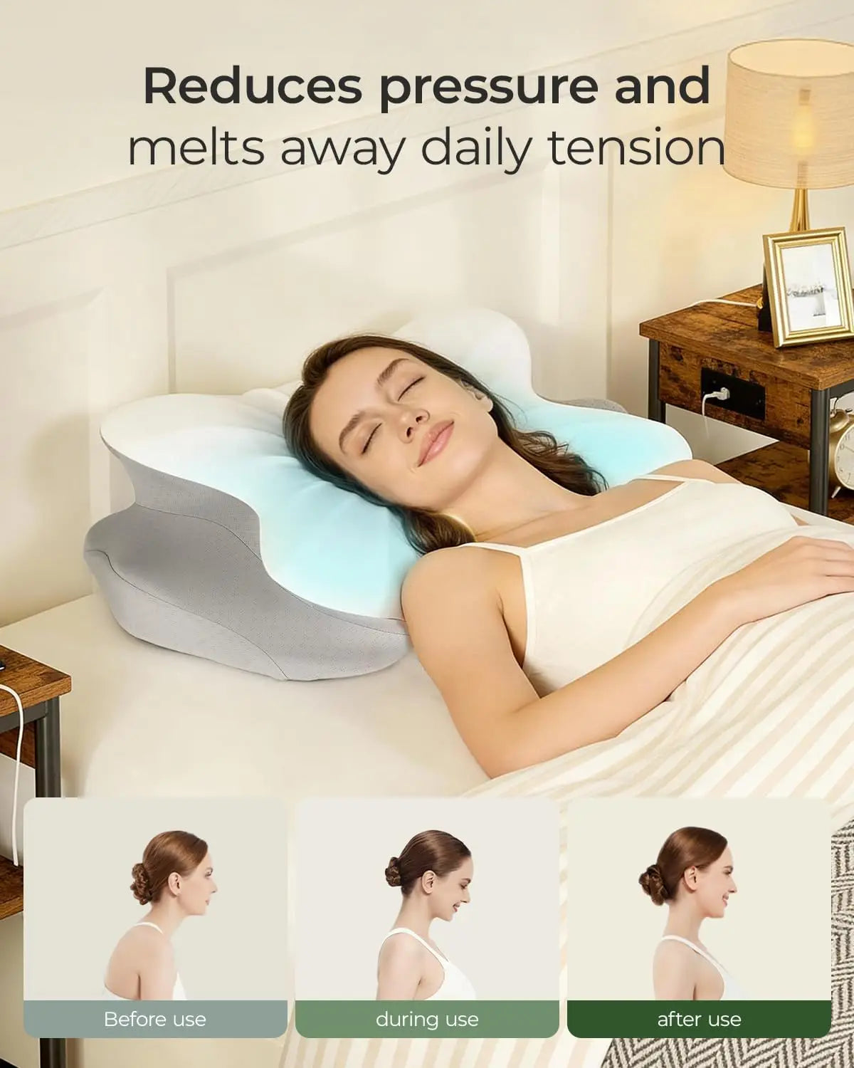 Woman lying on a neck support pillow with text indicating its benefits, in a bedroom setting.