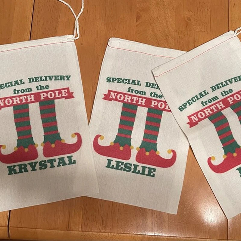 3-Pack Personalized Christmas Elf Drawstring Gift Bags | Custom Name Holiday Gift Bags Peaceful Pleasures Health and Wellness