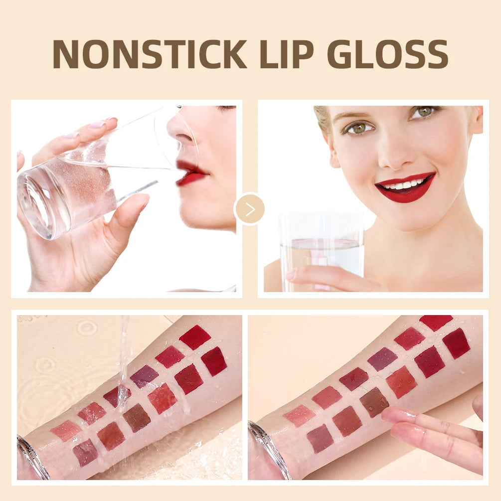 QIBEST 12pcs/set Waterproof Lip Gloss Long Lasting Velvet Nude Red Matte Liquid Lipstick Makeup Lipgloss Tint Cosmetic Sets Peaceful Pleasures Health and Wellness