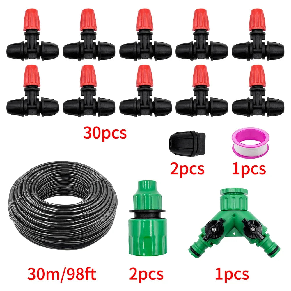 10M-30M Mist Irrigation Kits Plant Watering System, 1/4" Drip Tubing Hose and Two-Ways Connector, Locking Misters,Garden Peaceful Pleasures Health and Wellness 30M