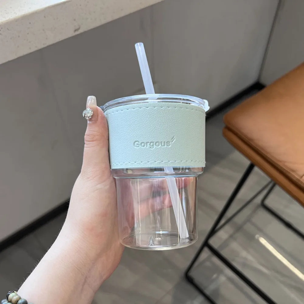 400ml Glass Water Bottle with Bamboo Lid & Straw – Transparent Cup
