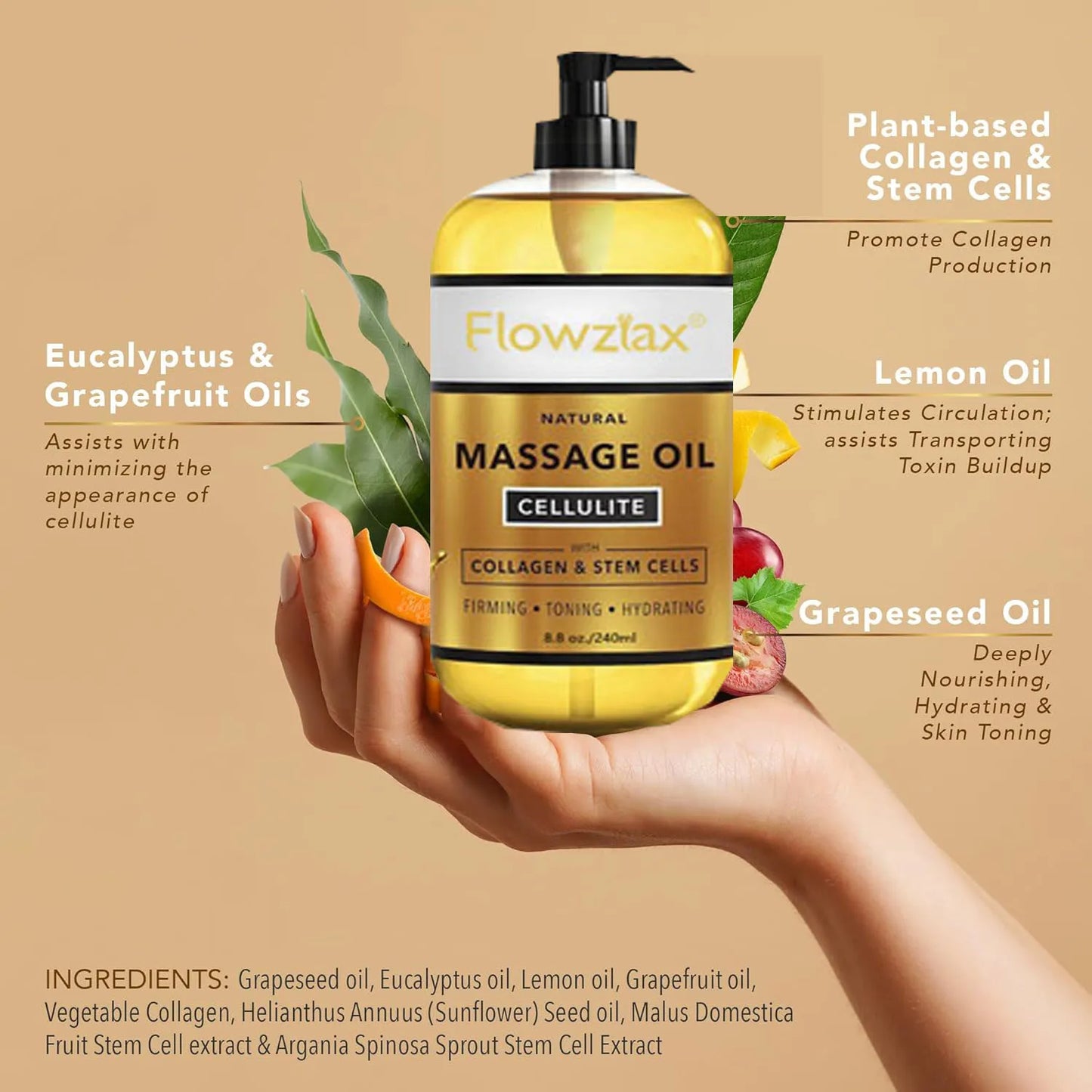 Anti Cellulite Massage Oil – Lymphatic Drainage & Firming Body Oil with Collagen & Stem Cells Toning & Hydrating, Lightweight Peaceful Pleasures Health and Wellness