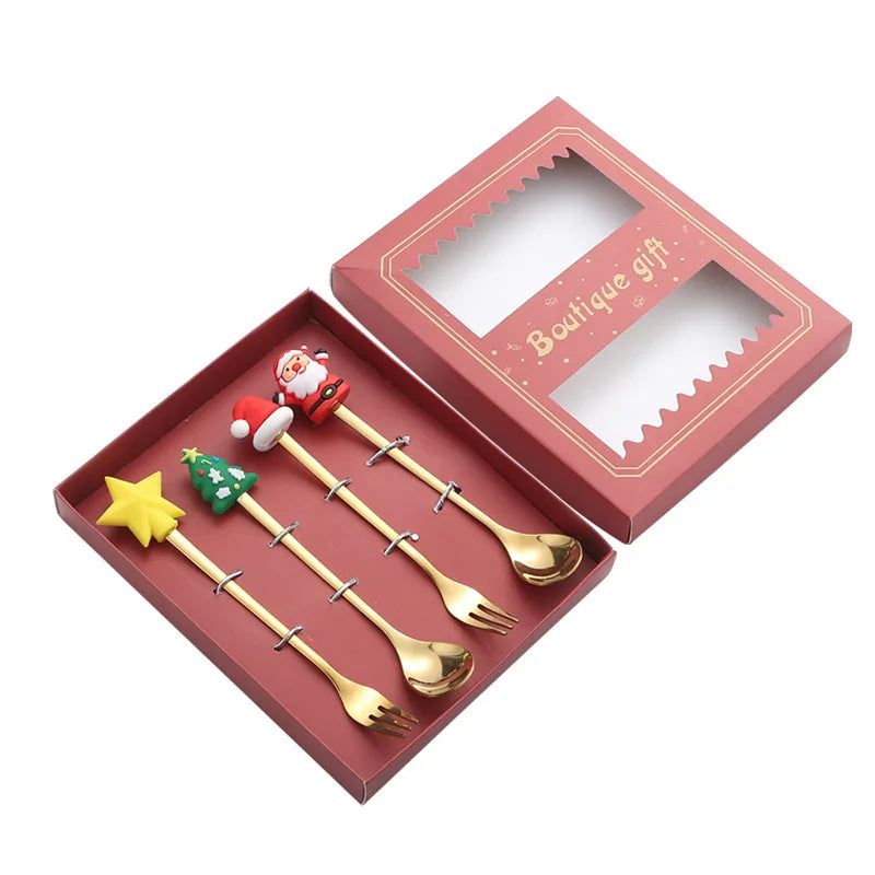 1/2/4/6pcs fancy christmas cartoon Doll gift sets stainless steel christmas tableware coffee spoon and fork set with gift box Peaceful Pleasures Health and Wellness 4pcs