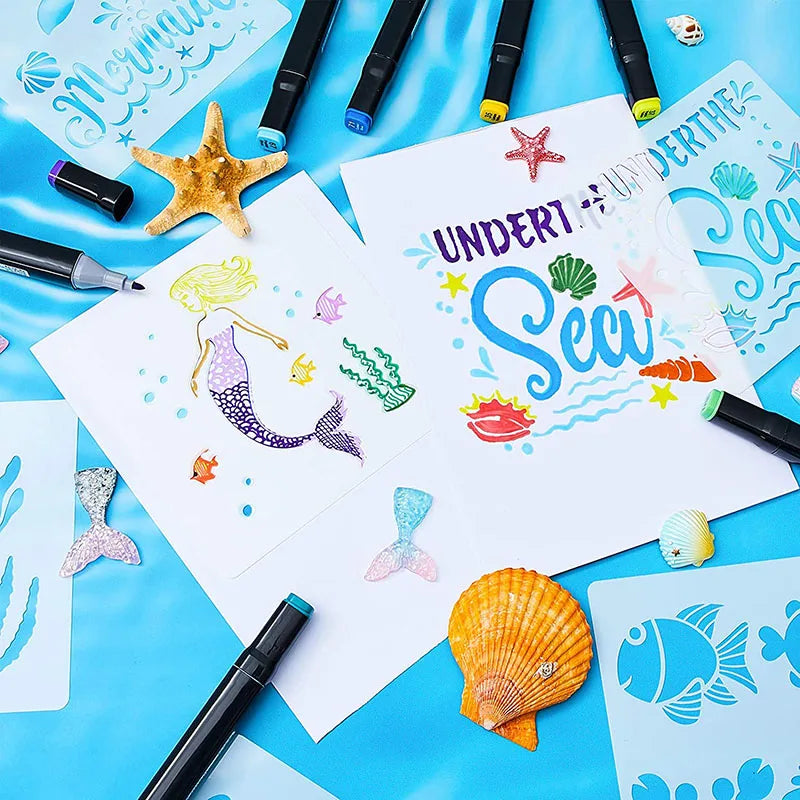 Reusable Sea Ocean Creatures Painting Stencils Kids Drawing Boards