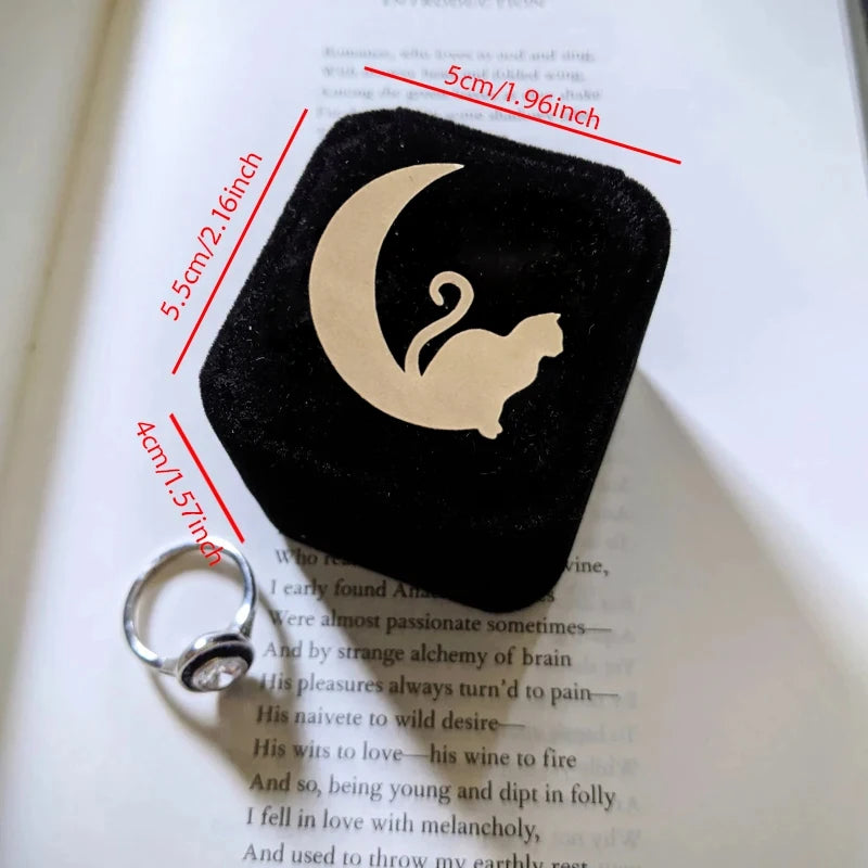 Cat on Moon Black Velvet Ring Box | Gothic Halloween Proposal Velvet Ring Box Peaceful Pleasures Health and Wellness A 5x5.5x4cm