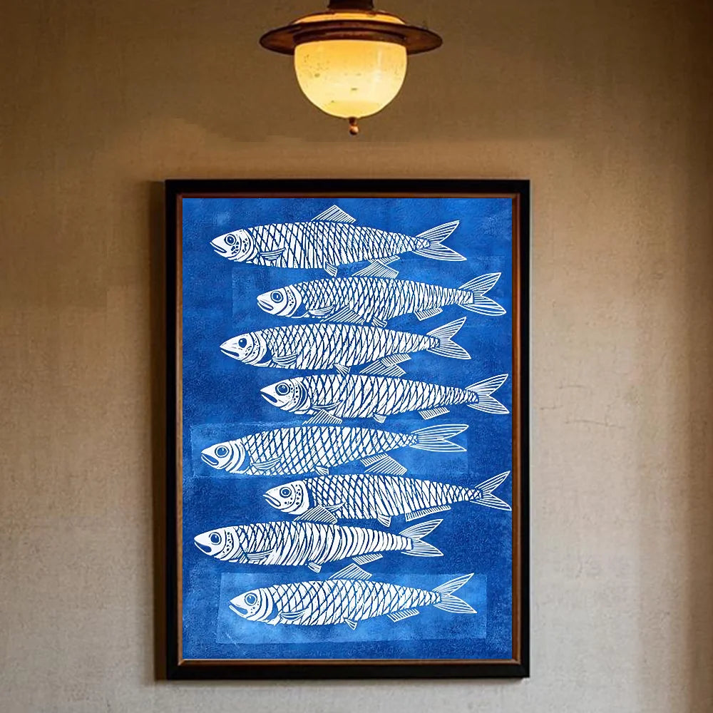 Colorful Sardines & Lobsters Canvas Wall Art | Ocean Fish Print