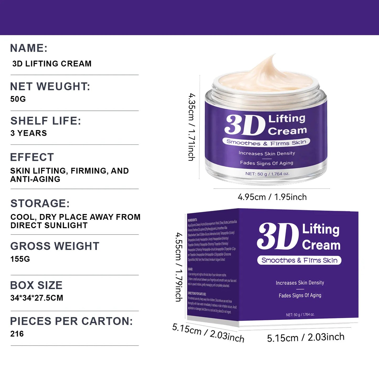 3D Lifting Cream ,Firming Face Cream for Women Smooth Firm Skin Increase Skin Nourishing Hydrating Facial Moisturizer,50g Peaceful Pleasures Health and Wellness