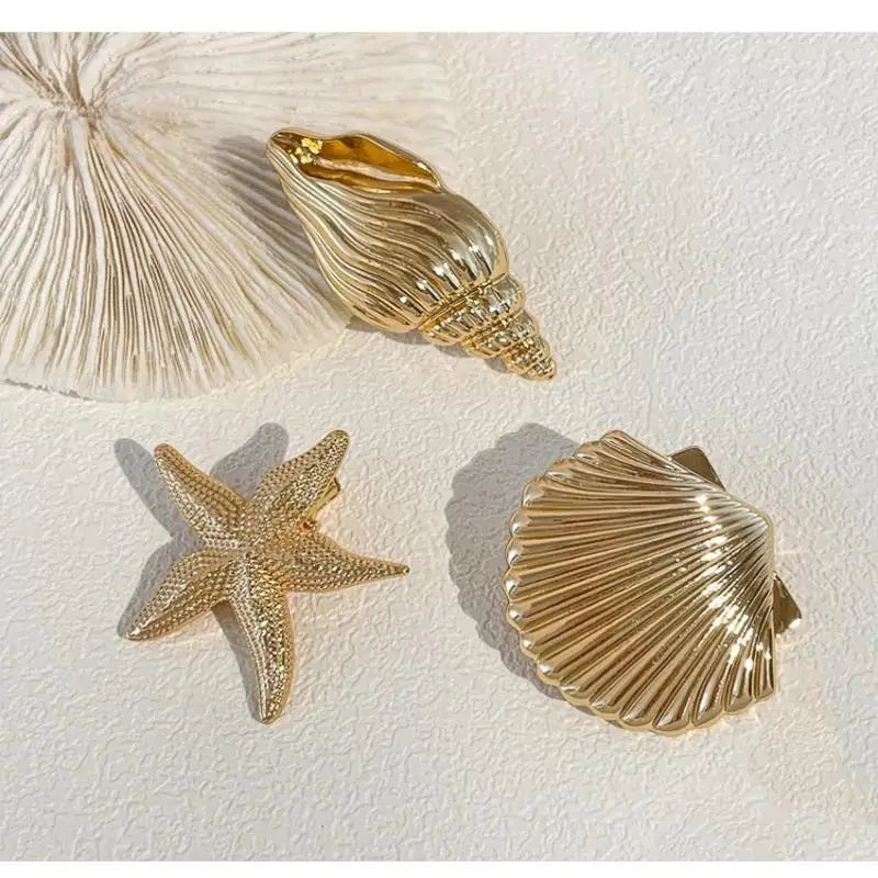 3-Pack Ocean Gold Hair Clips – Starfish, Shell & Conch