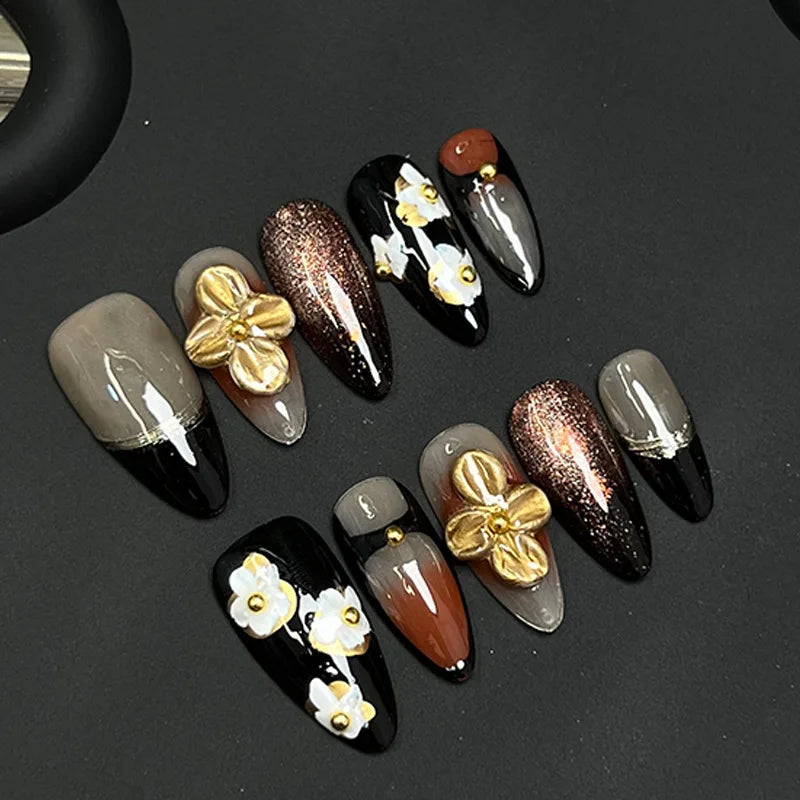Handmade Press on Nails 3D Hand-carved Petals Decor False Nail Tips Reusable Wearable Retro European French Almond Fake Nails Peaceful Pleasures Health and Wellness S