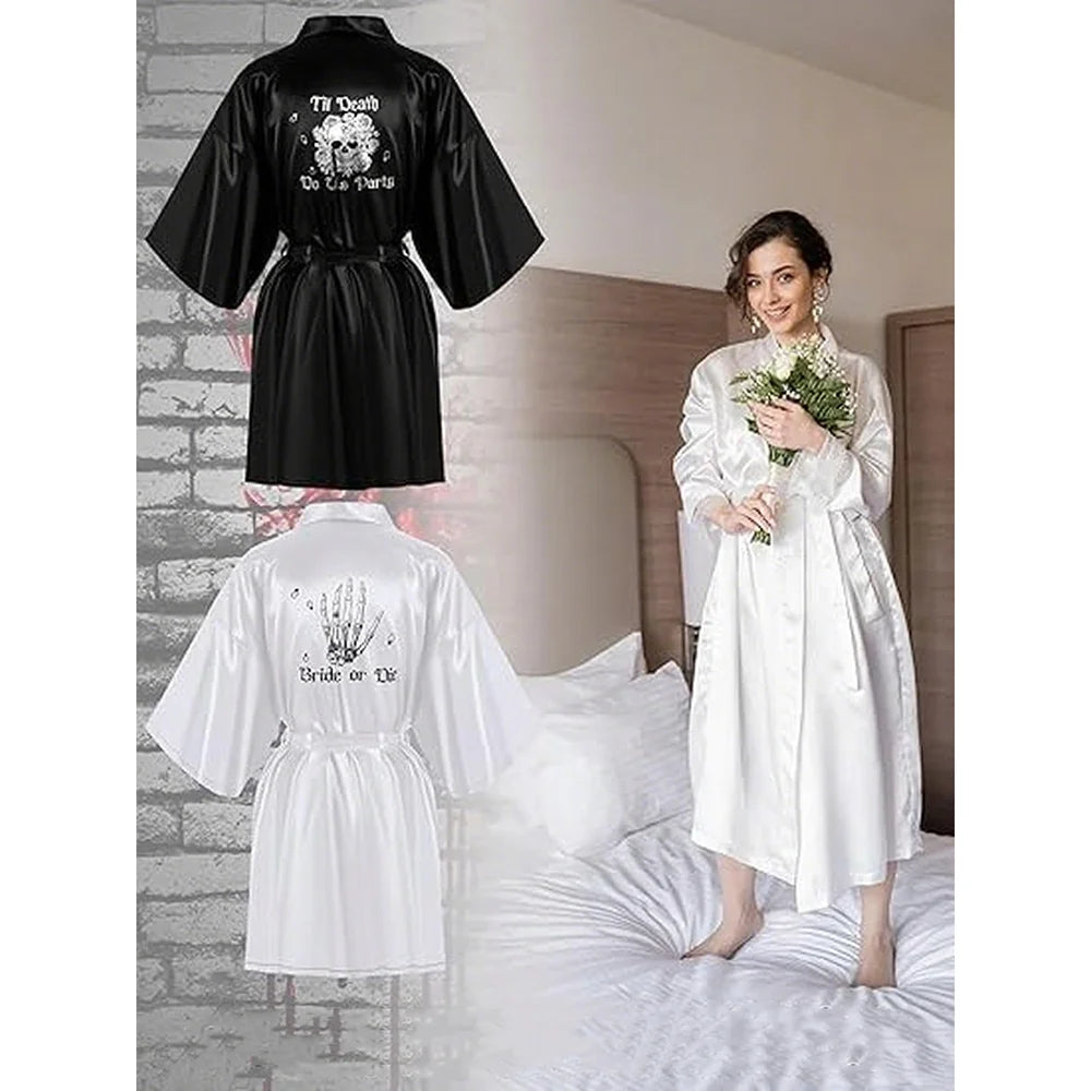 Bridesmaids Till Death Do Us Bride or Die Bachelorette Robes Black White Bridal Shower Gothic Halloween Wedding Decor Spa Party Peaceful Pleasures Health and Wellness