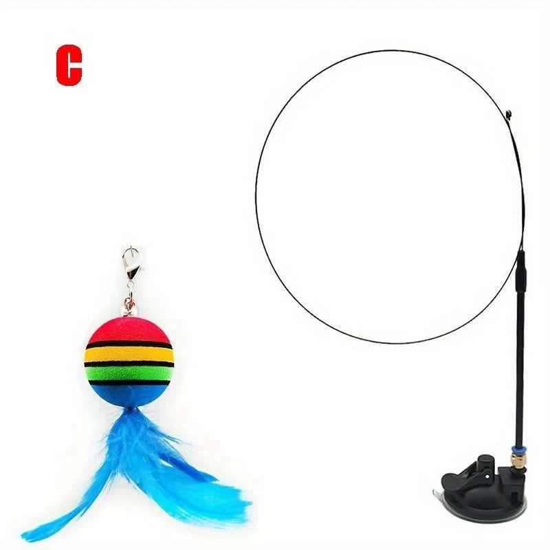 Interactive Cat Toys Kit Feather Toys with 1 Wands, 1 Suction Cups, Replacement Feather Heads for Indoor & Outdoor Play Peaceful Pleasures Health and Wellness C