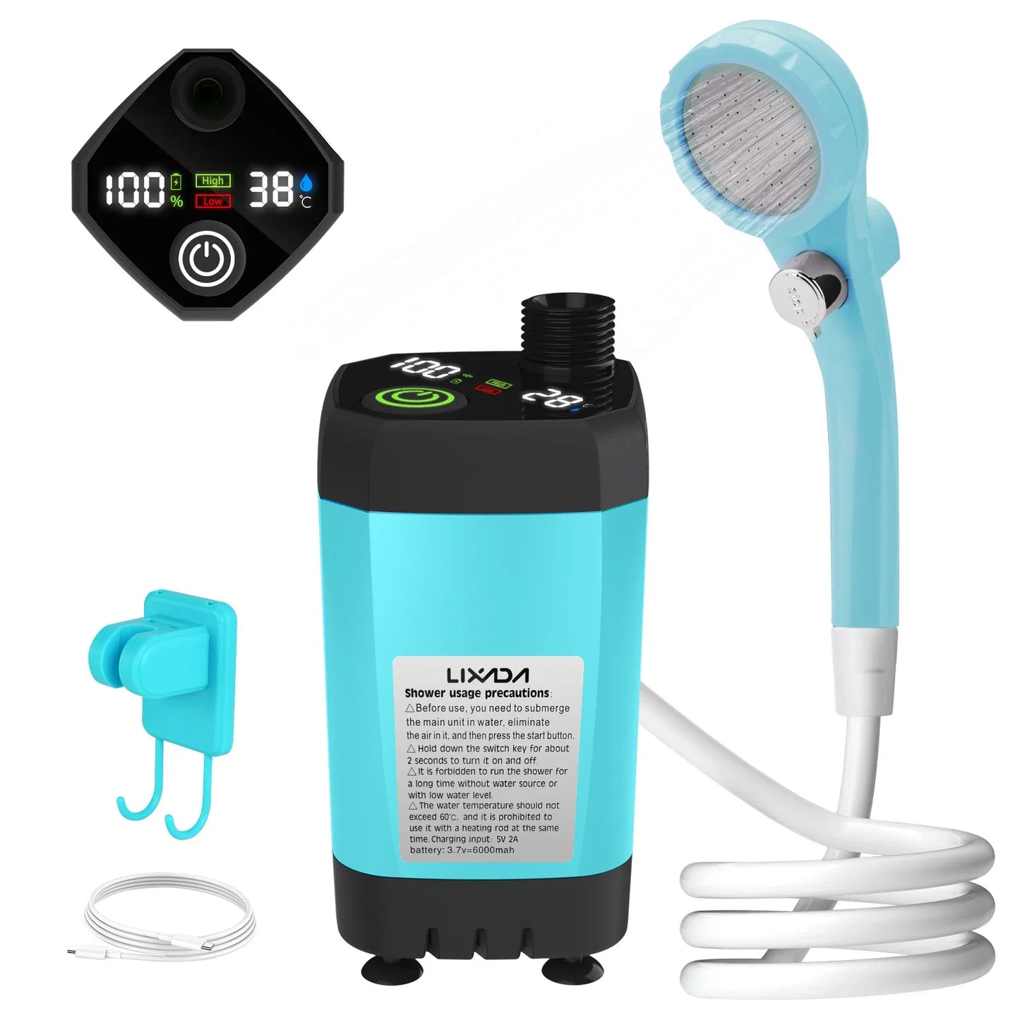 Adjustable 6000mAh Shower Camping Pump RV Outdoor Camp W Full Screen