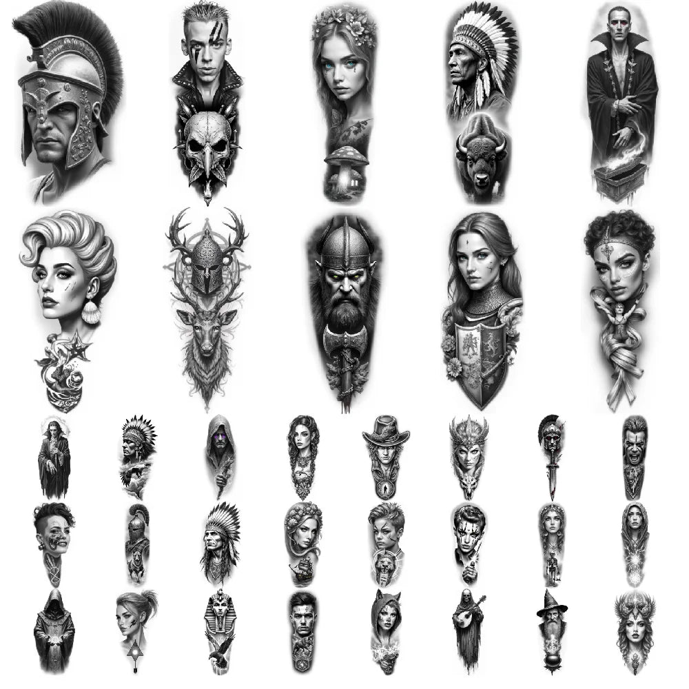 12pc Black & Grey Temporary Tattoos – Skull, Warrior & Animal