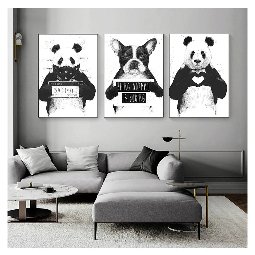 Nordic Cartoon Panda & Boston Terrier Canvas Wall Art Poster