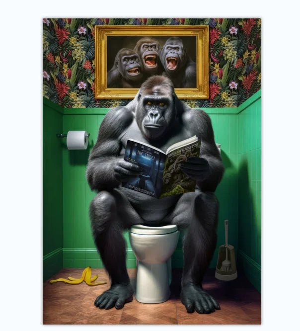 Funny Monkey & Giraffe Toilet Canvas Wall Art | Animal Print