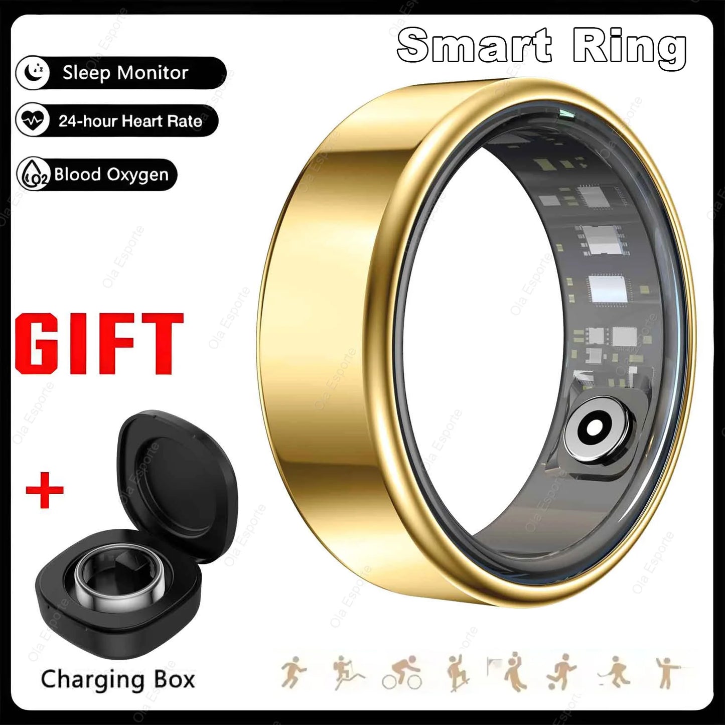 R09 Smart Ring Men Women with Charging Case,Heart Rate Blood Oxygen,Skin Temperature Monitor,5ATM Waterproof For Android iOS Peaceful Pleasures Health and Wellness ProGold 9
