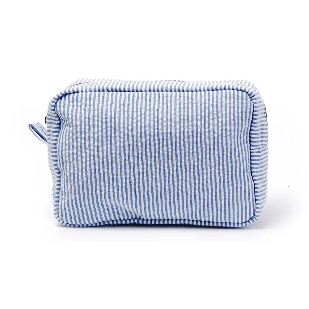 Seersucker Ruffle Cosmetic Bag | Pink Purple Striped Makeup Bag