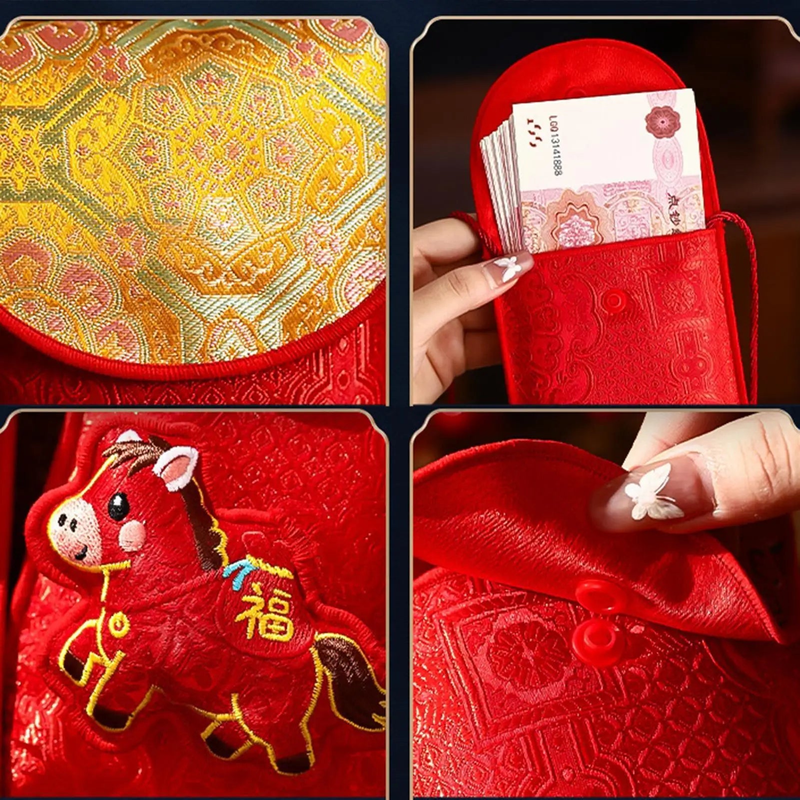 Chinese Red Envelope 2026 Lunar New Year Embroidery Fabric Gift Festive Gift Envelope Peaceful Pleasures Health and Wellness