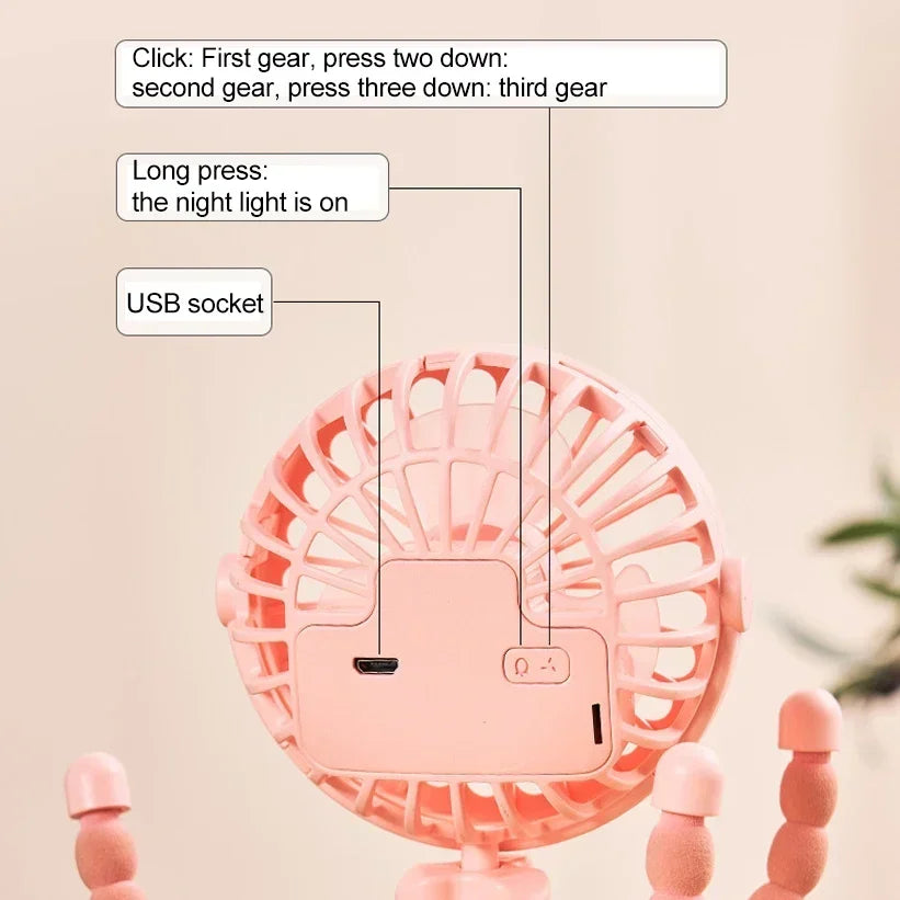 Octopus Clip-On Stroller Fan – 3 Speeds, LED & Flexible Tripod