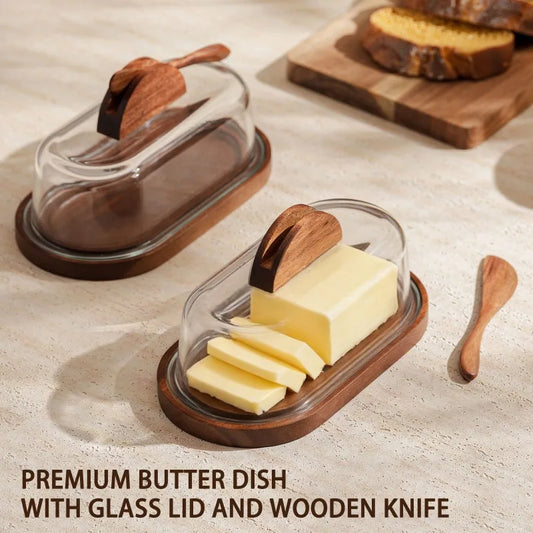 Solid Wood Butter Dish with Glass Lid & Butter Knife Set Butter Dish Set Peaceful Pleasures Health and Wellness