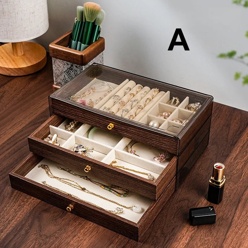 3-Layer Jewelry Box Organizer | Glass Window & Olive Green Leather